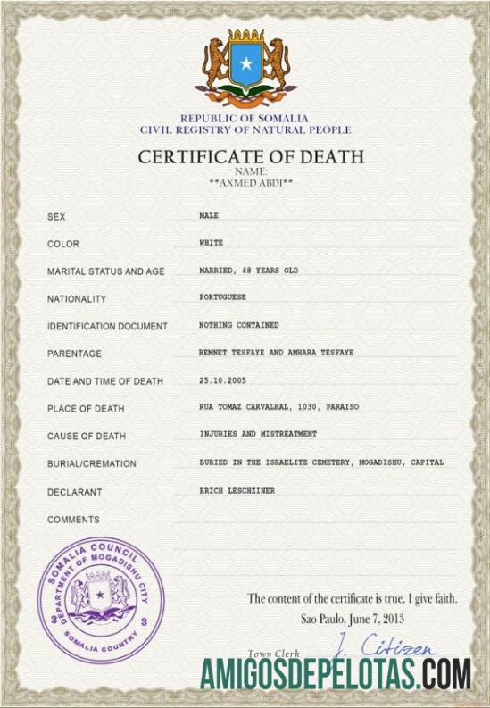 Em branco modelo PSD de certidão de óbito de registro vital da Somália